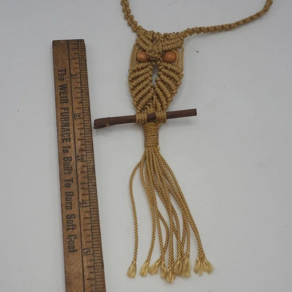 Handmade Owl Macrame Necklace Statement Pendant Boho Tan Wood Bead Tassel Fringe